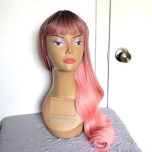Long Wavy Ombre Pink Synthetic Hair Wigs for Women with Dark Roots
